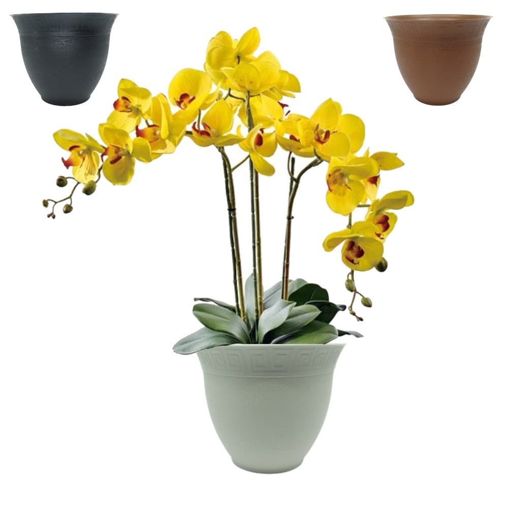 Orquídea artificial em vaso cinza decorativo com flores amarelas e folhas verdes