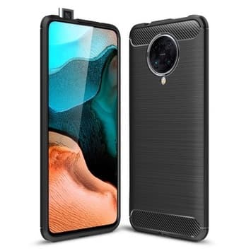 Capa protetora de carbono para Xiaomi Poco F2 Pro / K30 Pro, fina e maleável, mostrando visor e câmera traseira.