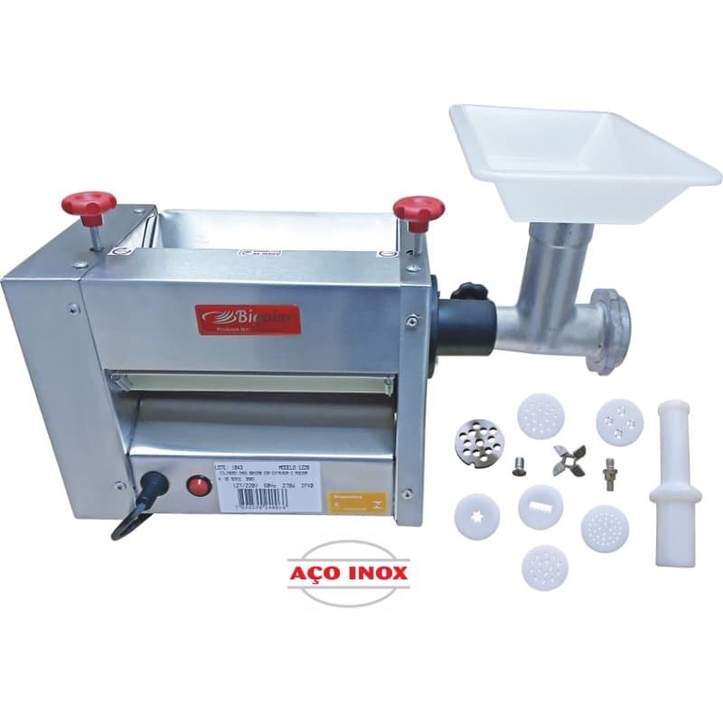 Cilindro elétrico Bigolar em aço inox para fazer massas e moer carne com acessórios
