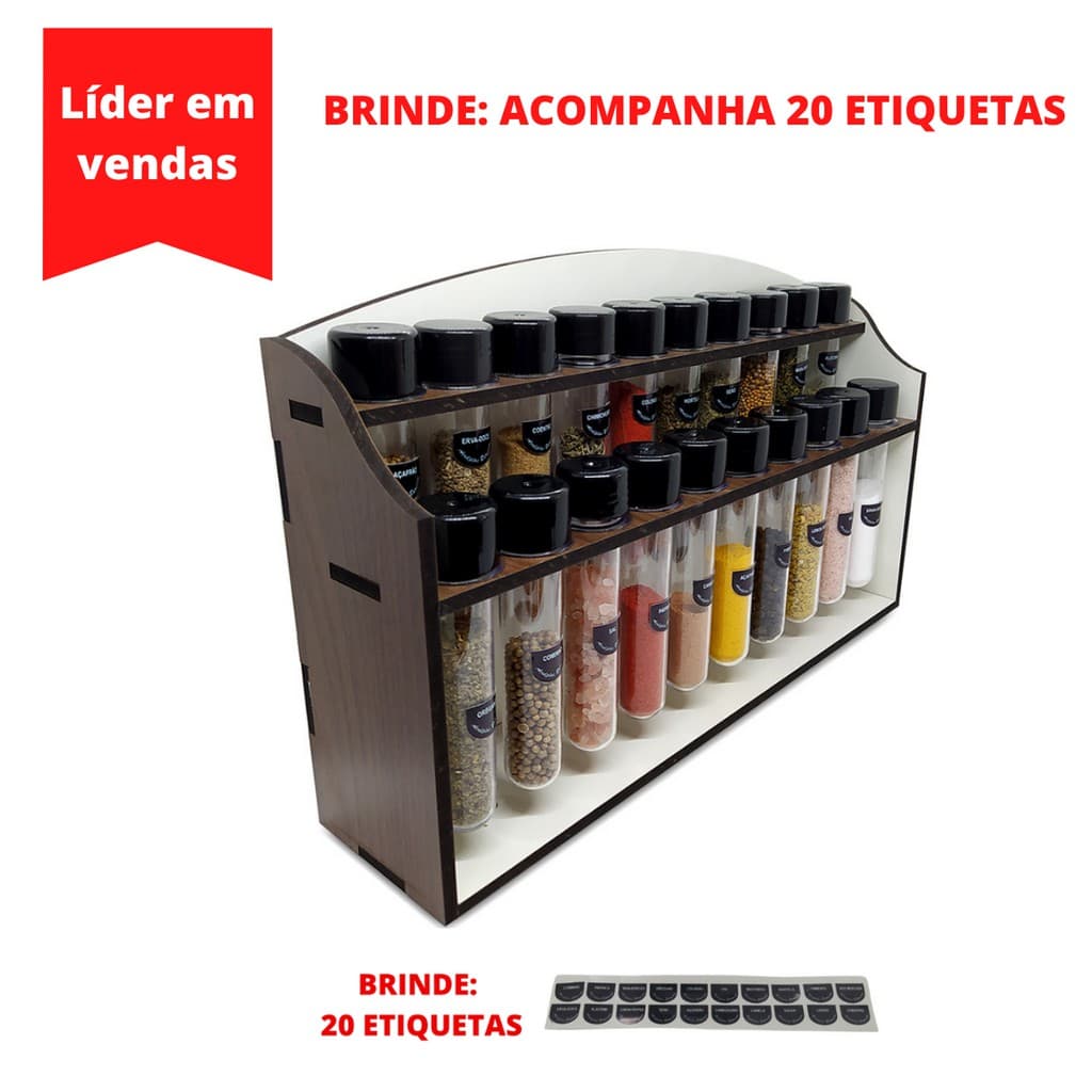 Suporte para temperos MDF com 20 potes transparentes e etiquetas brancas
