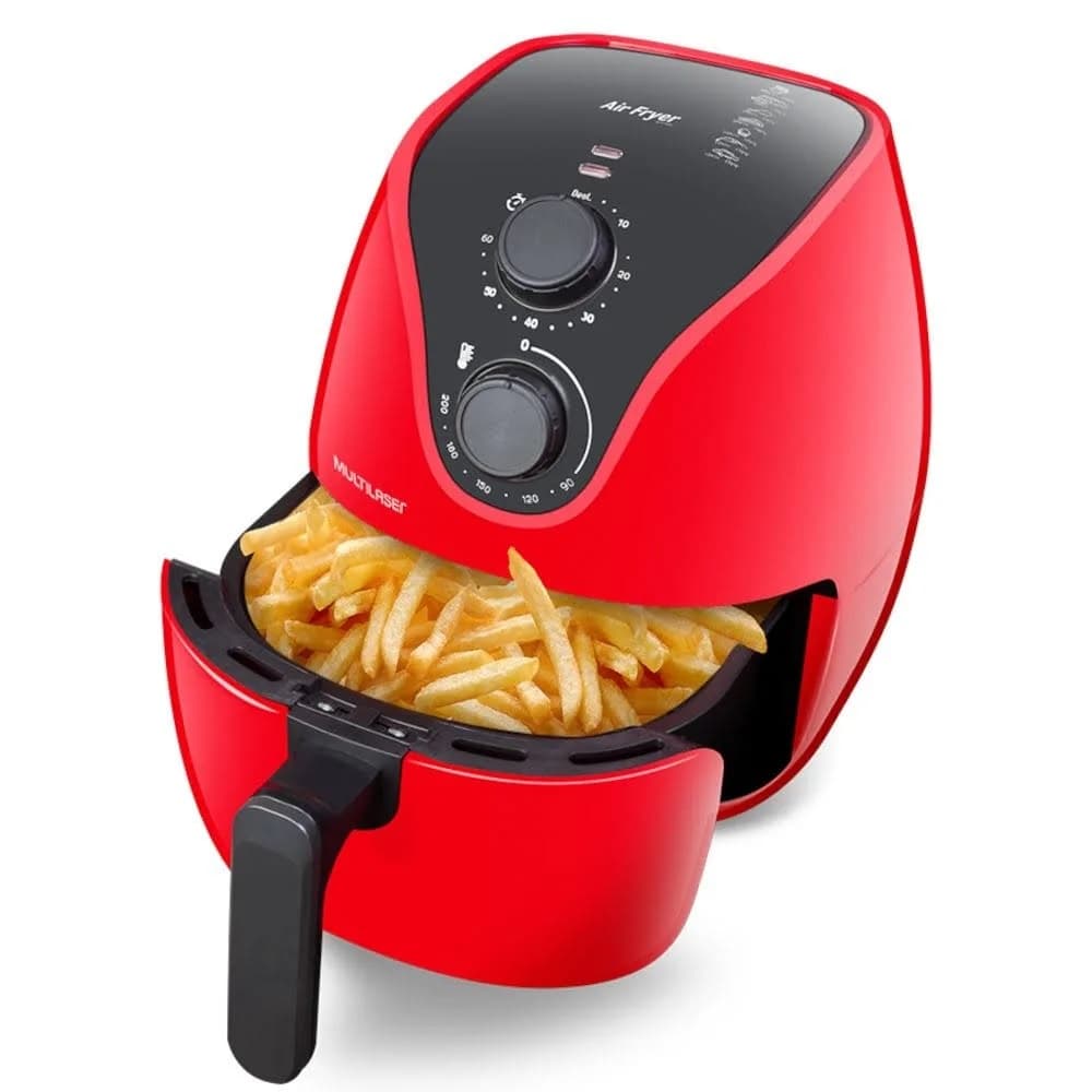 Fritadeira sem óleo vermelha Multilaser com batatas fritas, fundo branco