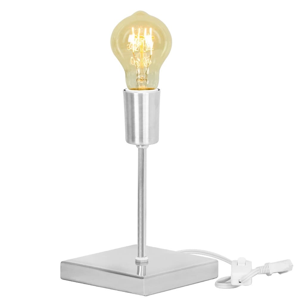 Luminária de mesa vintage escovada com base quadrada e haste cilíndrica, iluminada por lâmpada estilo vintage