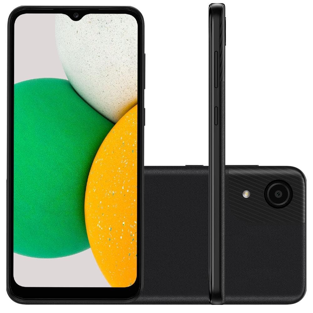 Smartphone SAMSUNG GALAXY A03 com design de três esferas na tela e câmera traseira única
