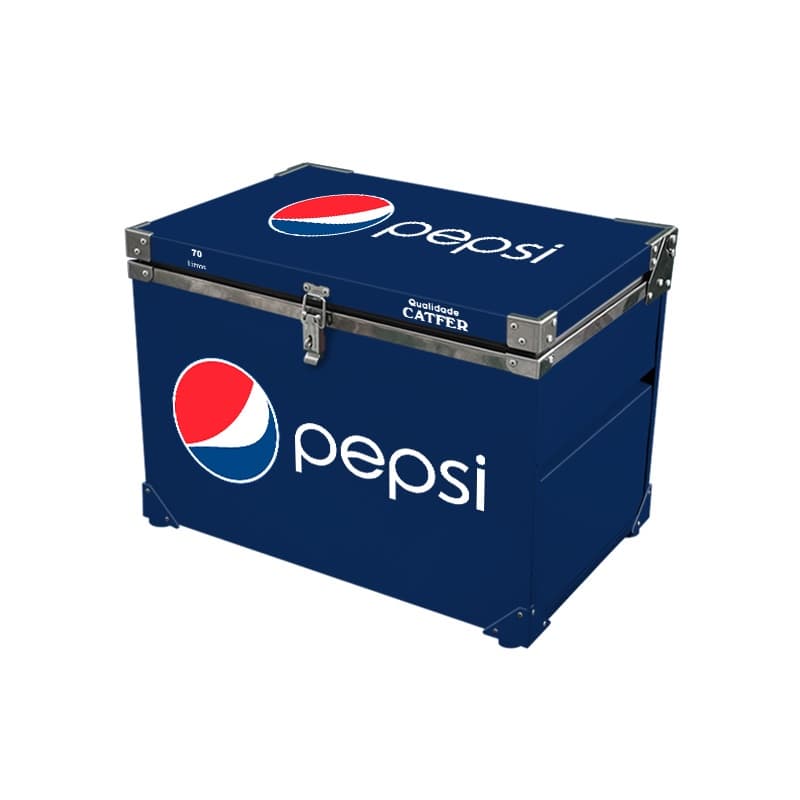 Caixa térmica azul 70 litros com logo da Pepsi, ideal para manter bebidas e alimentos frescos