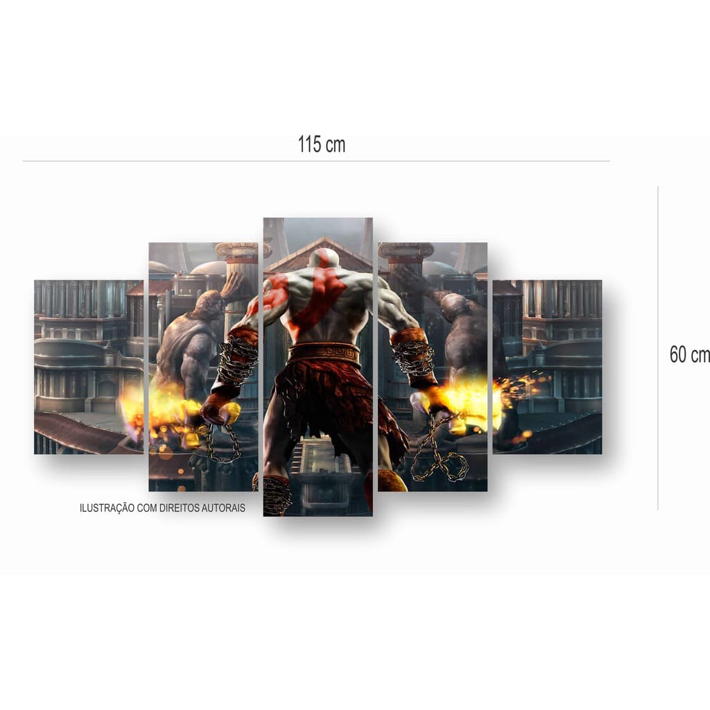 Quadro decorativo do jogo 'God of War' com cena de batalha em fundo urbano.