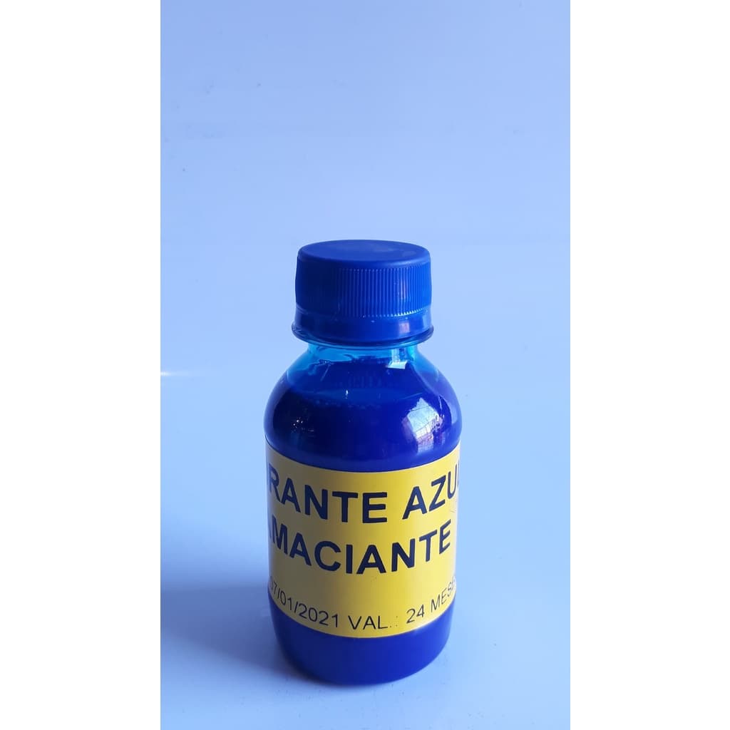 Frasco de corante azul 100ml para limpeza, sabão e amaciante com rótulo amarelo