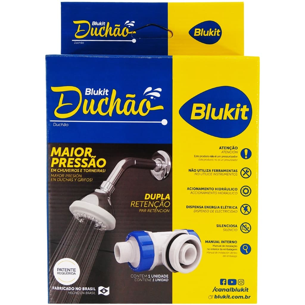 Caixa de embalagem da válvula transferidora de pressão Blukit NEOPRESS DUCHÃO, azul e amarela, com informações sobre o produto.