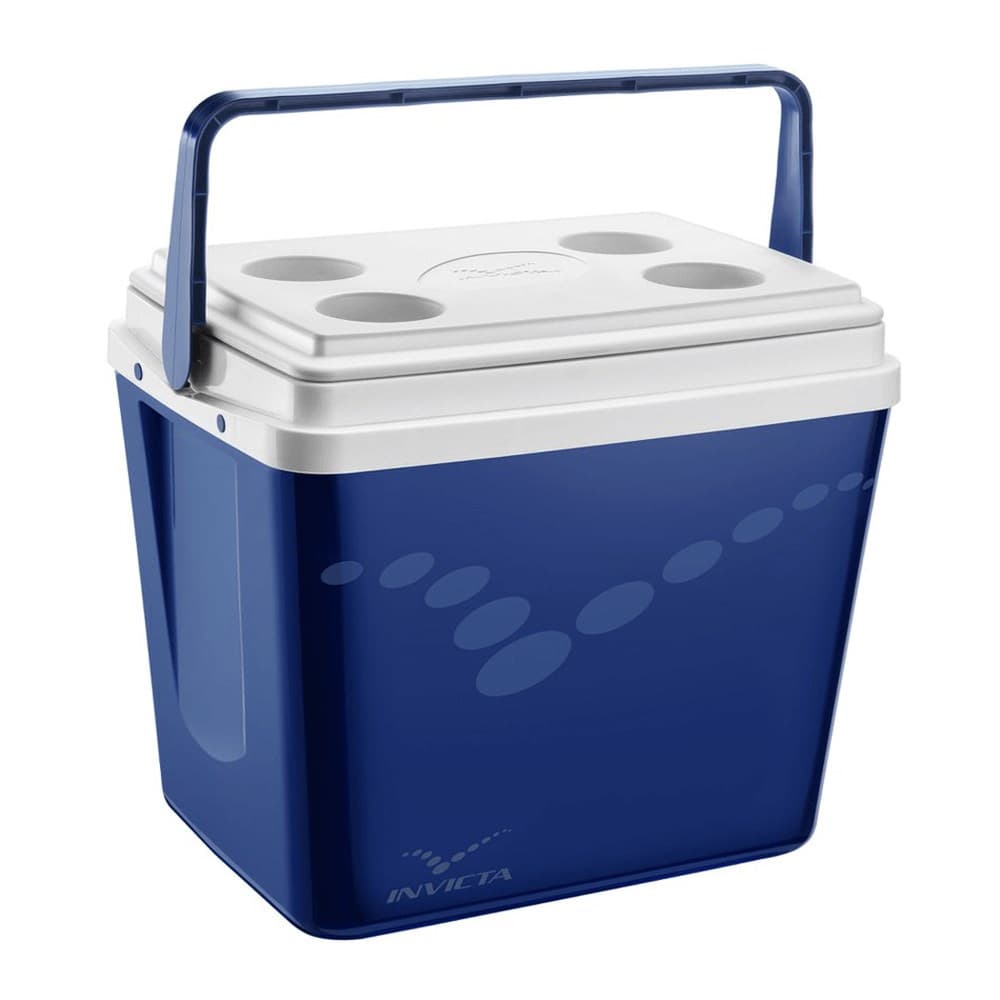 Caixa térmica Invicta 34L azul e branca com alça e compartimentos para garrafas