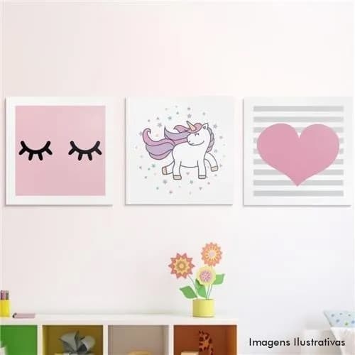 Kit Quadros Decorativos Mosaico para Quarto de Criança com Unicórnio e Coração