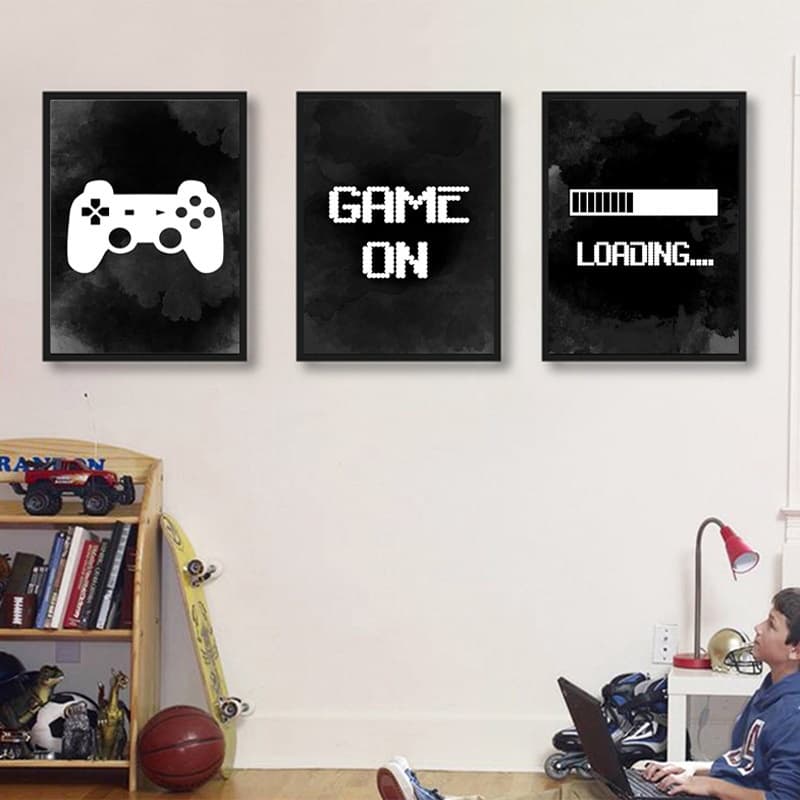 Quadros decorativos de videogame para sala de jogos, controle, game on e loading.