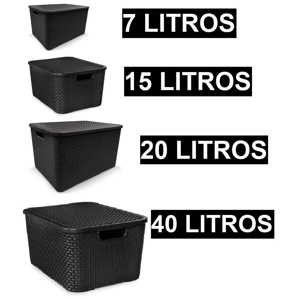 Caixas organizadoras pretas com tampa de rattan em tamanhos 7, 15, 20 e 40 litros