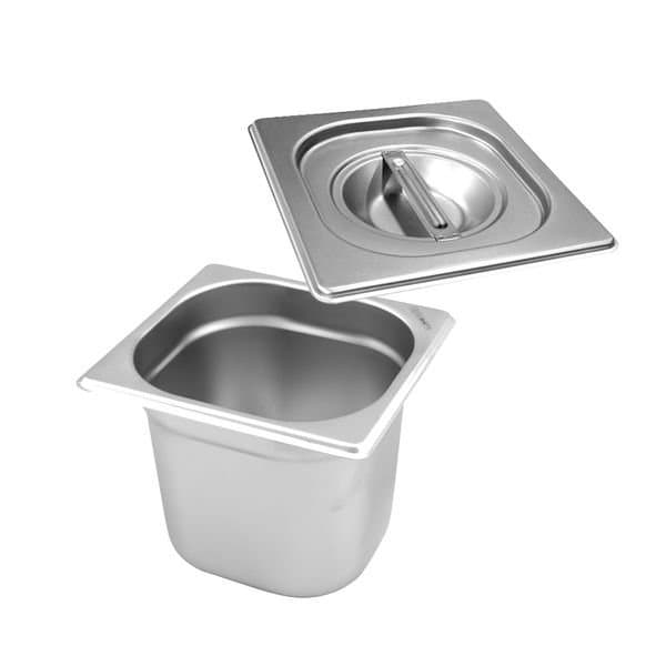 Cuba gastronômica inox GN 1/6 com tampa de 150 mm, 2,2 litros, sem alça, fundo branco