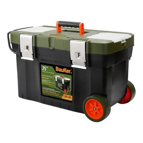 Carrinho organizador de ferramentas Bauker com rodas e alça, verde e preto, 25 polegadas.