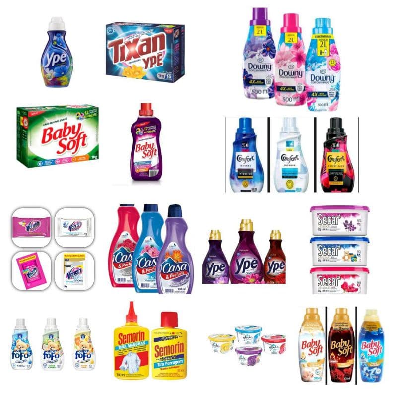 Kit de produtos de limpeza e lavanderia com Ype, Downy, Baby Soft e outros