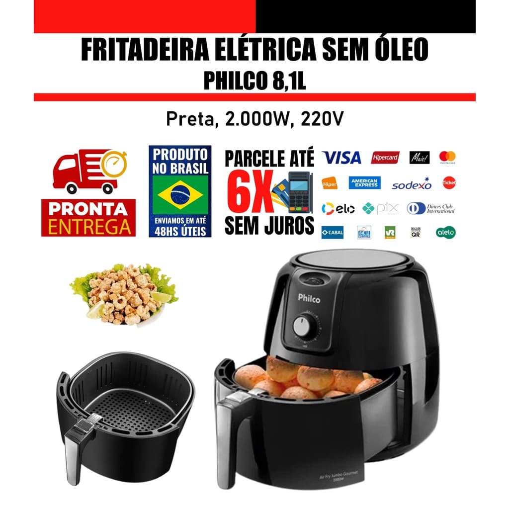 Fritadeira Elétrica Philco Jumbo 8.1L Sem Óleo - Preto, 220V, 2000W