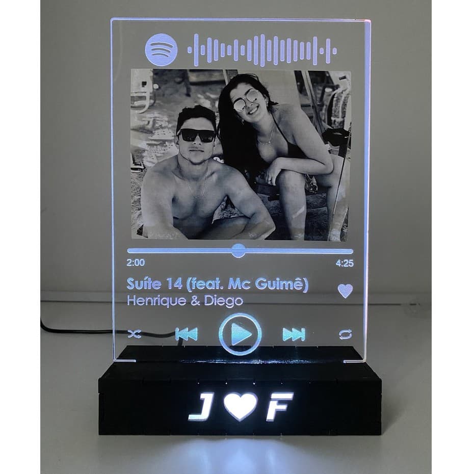 Porta-retrato personalizado com foto LED Spotify, base de acrílico, com controles de música e foto de casal.