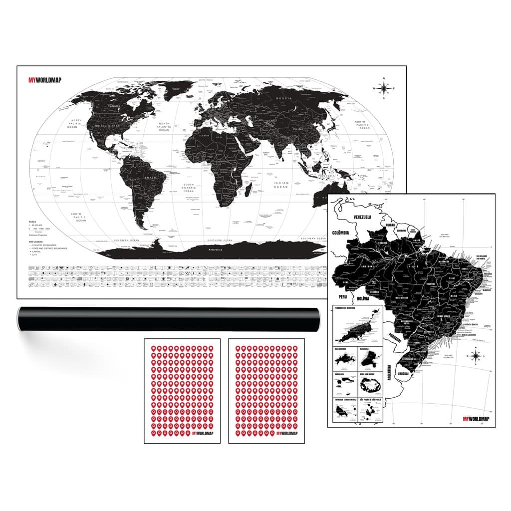 Kit Mapa Mundi Gigante e Mapa do Brasil Estilo Minimalista -  Cidades, Bandeiras e Ilhas - Adesivos Pins Marcar Viagens