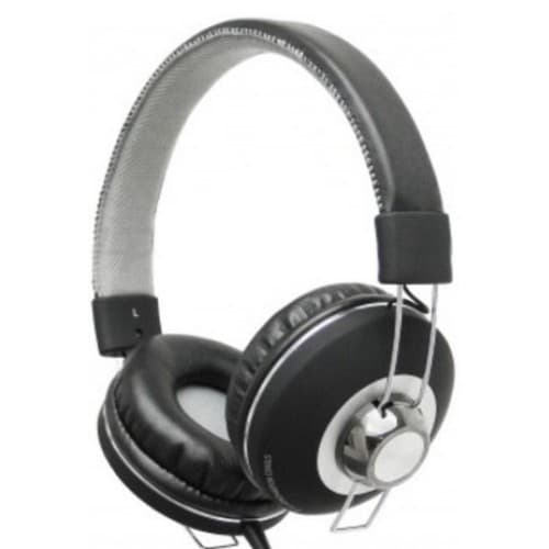 Fone de ouvido profissional preto e cinza para DJ, estúdio e jogos com fundo branco