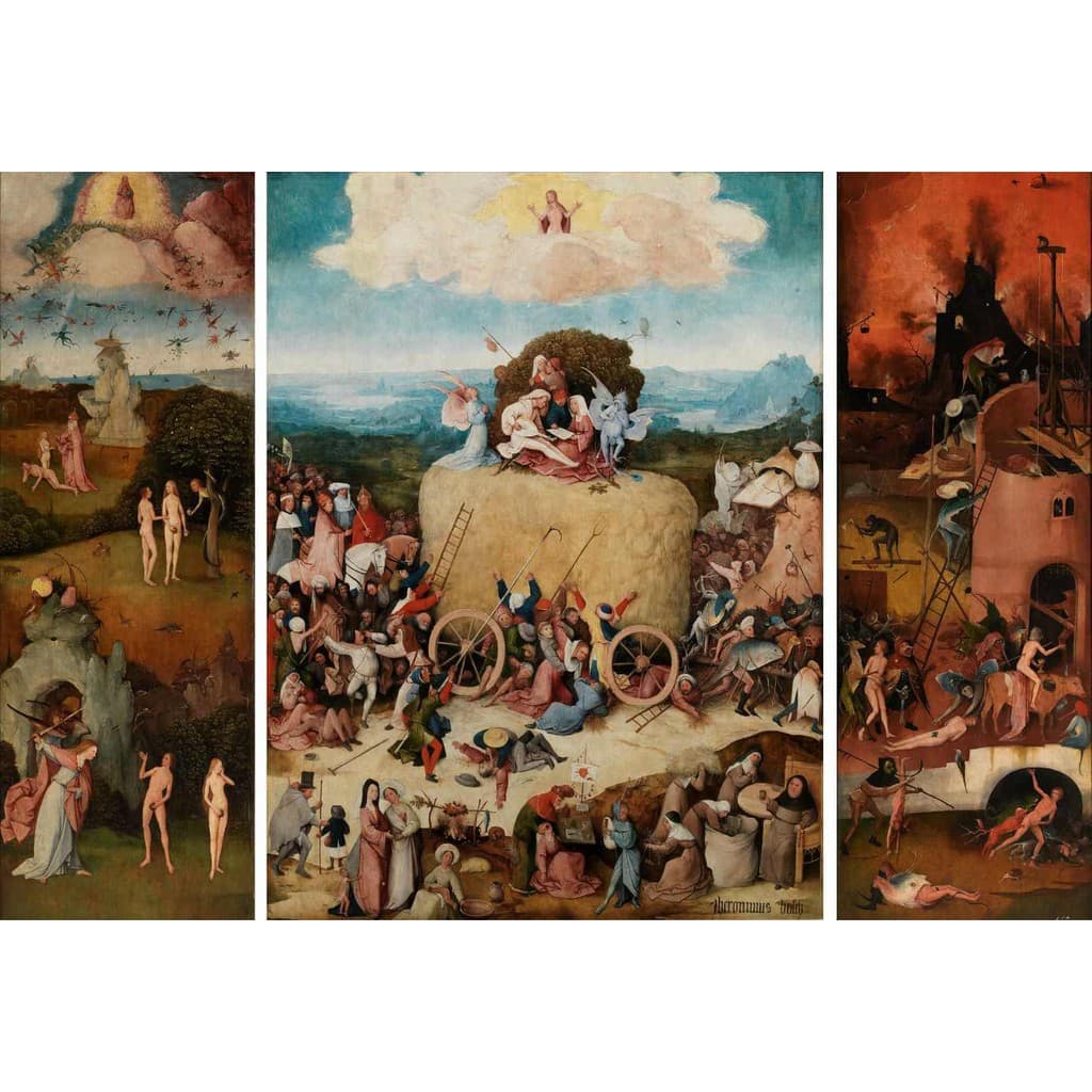 Imagem de três painéis da obra 'O Carro de Feno' de Hieronymus Bosch, mostrando cenas de figuras ao redor de feno, ambiente verde e fogo.