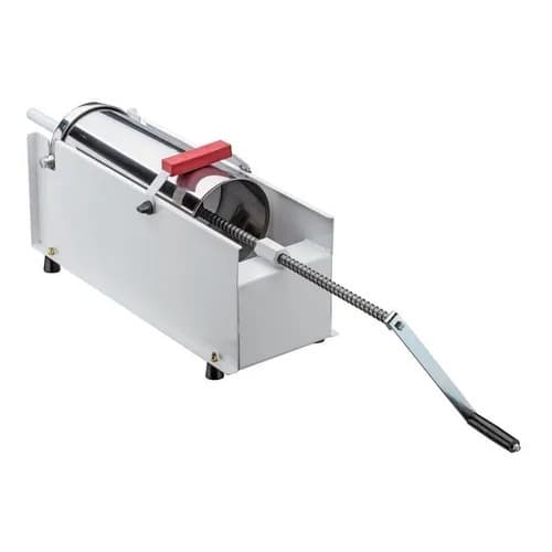 Canhão ensacadeira de linguiça embutideira de 8 litros, branco com detalhes em prata e vermelho, fundo branco, alça vermelha e alavanca de metal
