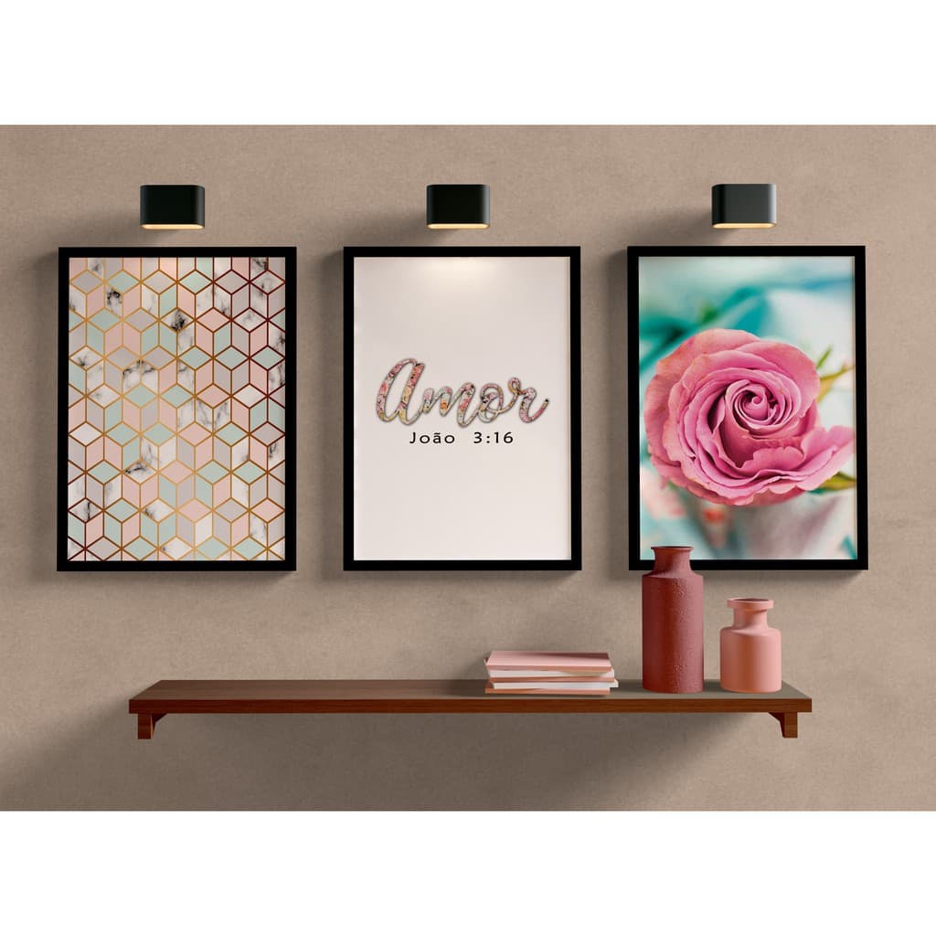 Kit 3 quadros decorativos geométricos minimalistas para sala, quarto ou corredor.