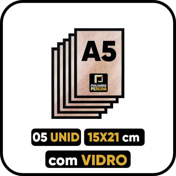 Kit de 5 porta-retratos A5 com vidro, 15x21 cm, marca Moldura Pereira