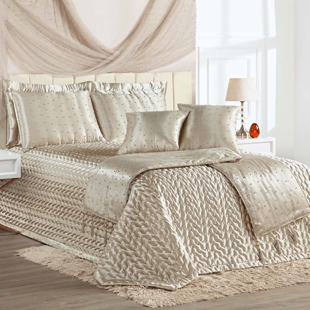 Kit Cobre Leito Colcha Fascínio Super King Cetim Xale de Tule Pérola 10pç Pedrarias Matelado Bronze