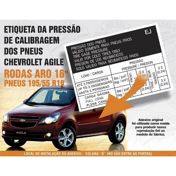 Adesivo calibragem pneus Chevrolet Agile aro 16 195/55 R16