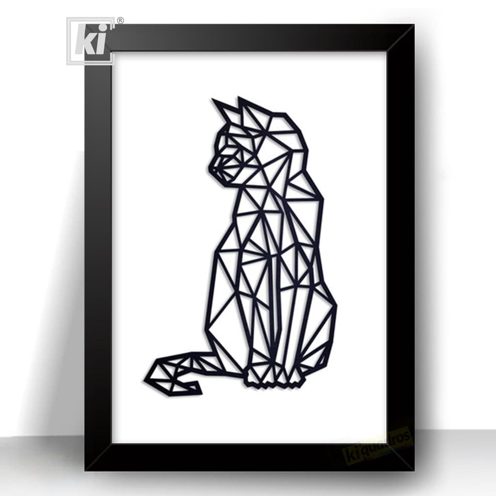 Quadro decorativo gato geométrico em estilo poligonal, moldura preta, fundo branco