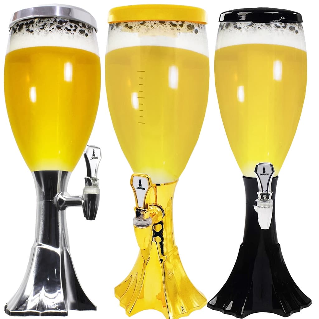 Torre de chopp 2,5 litros com iluminação LED colorido em três cores: prata, amarela e preta
