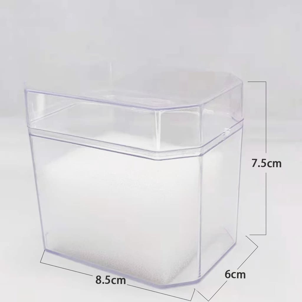Caixa transparente hexagonal para relógio com medidas de 8.5cm x 7.5cm x 6cm