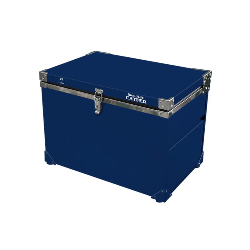 Caixa térmica azul de 70 litros CATFER, com laterais metálicas e zíper, fundo branco.