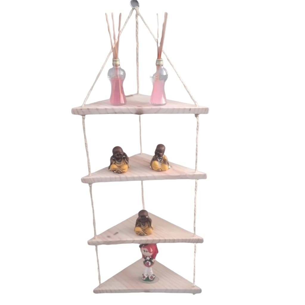 Prateleira de Parede em Madeira com Corda Rustica Suspensa de canto Decorativa