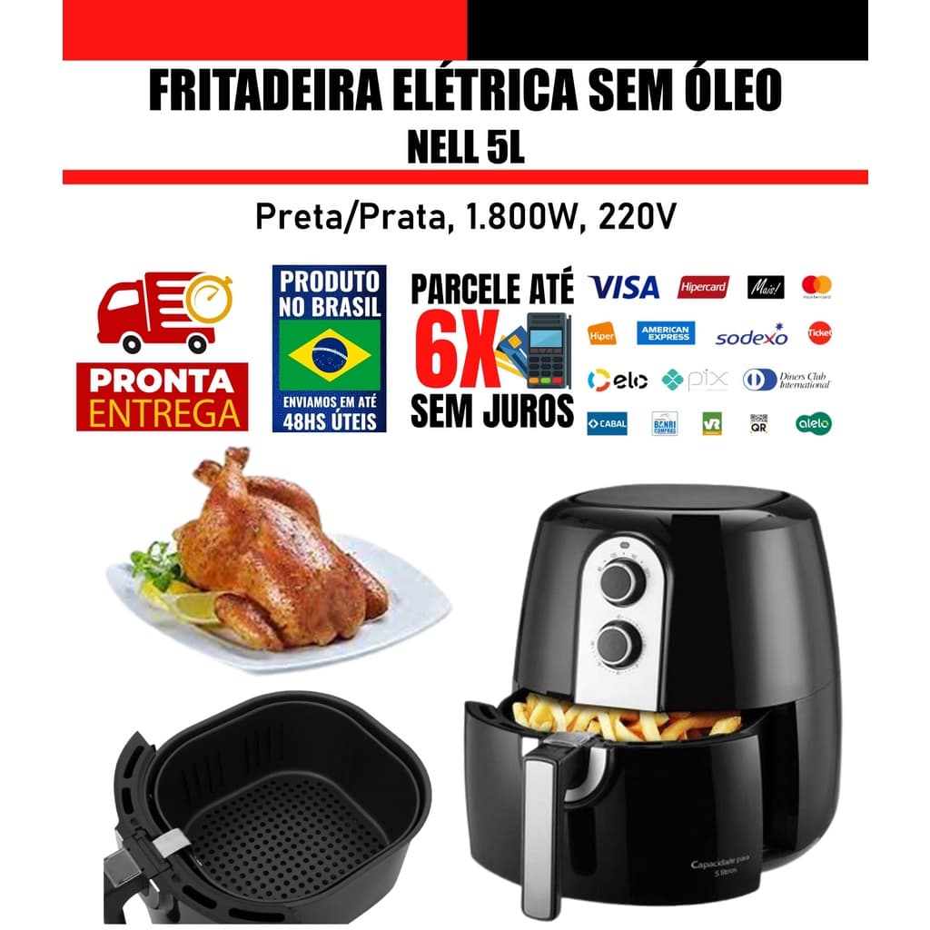 Fritadeira Elétrica sem Óleo Panela  AirFryer Grand Família 5,2L Nell - Preto