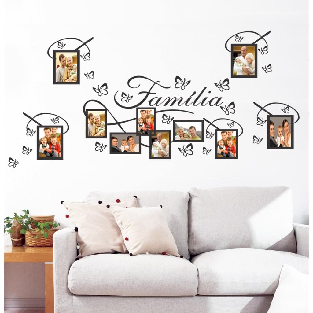 Adesivo de parede com molduras de fotos da família e borboletas em preto