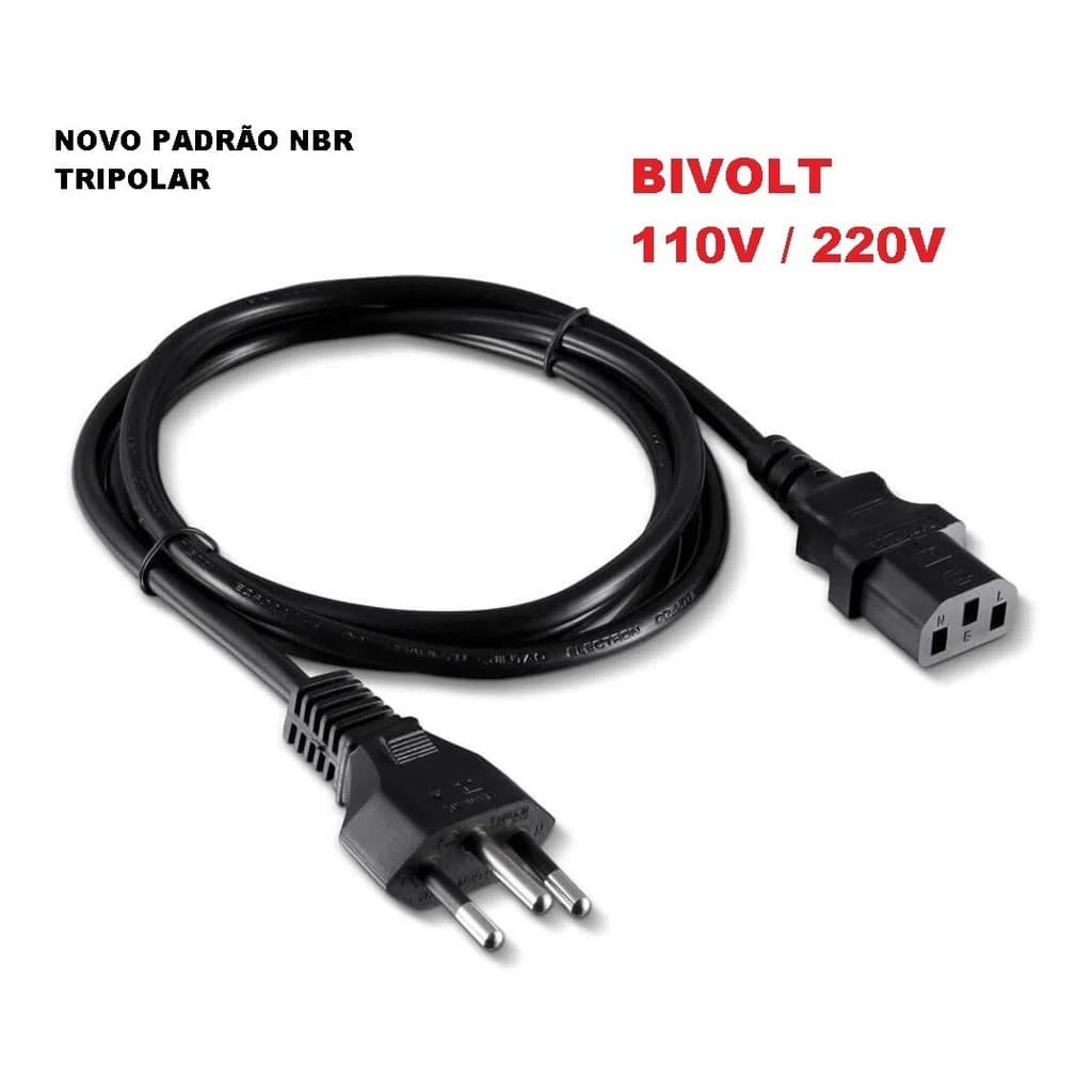 Cabo de força bivolt 1,2m blindado preto com conector tripolar NBR