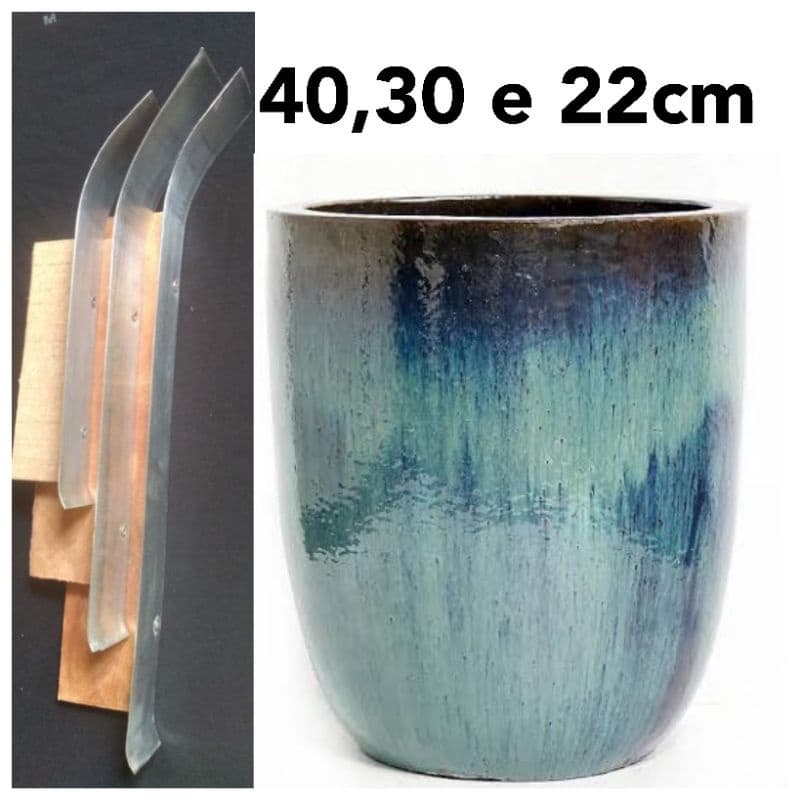 Kit com 3 gabaritos para vaso vietnamita de cimento, vaso azul e verde com gabaritos transparentes
