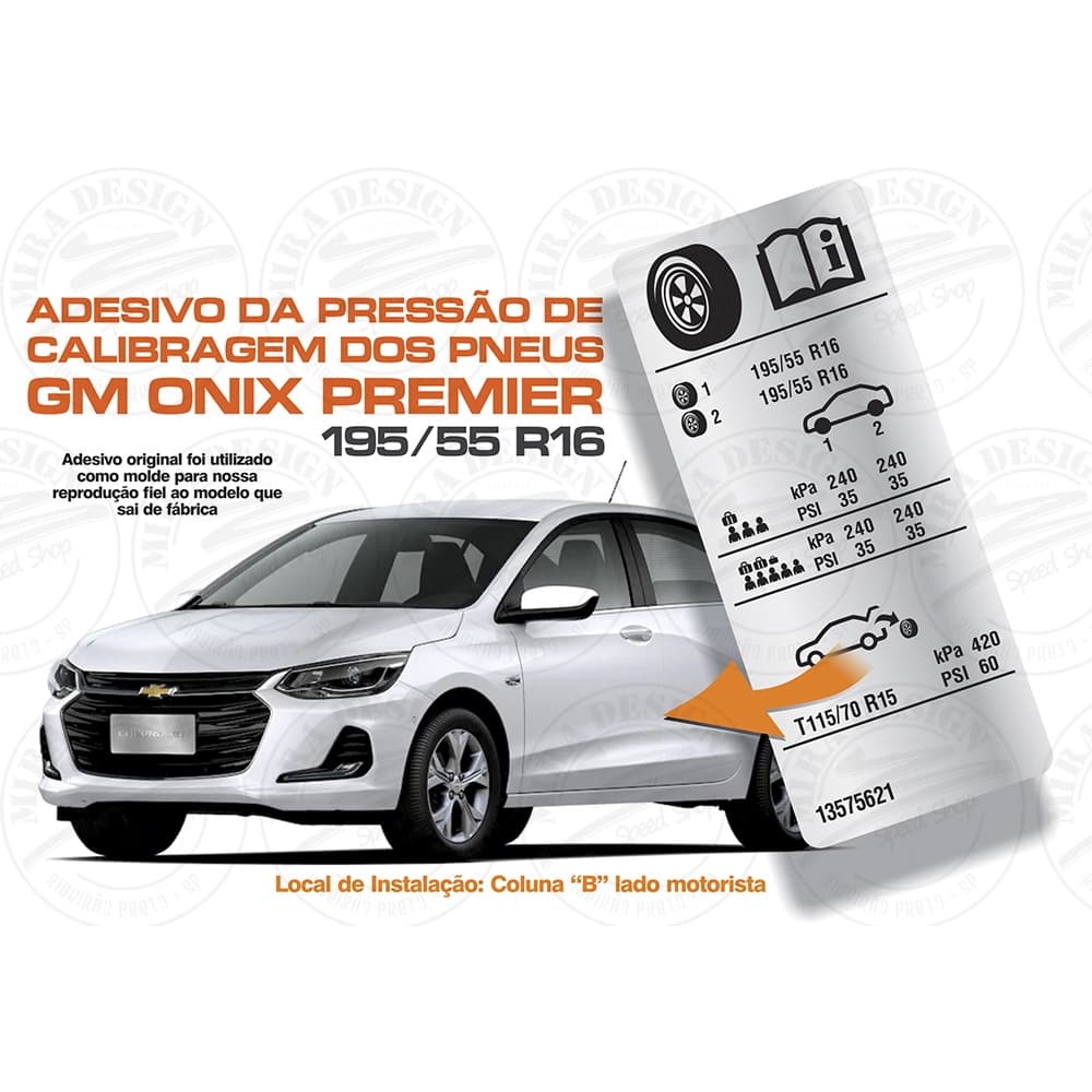 Adesivo de calibragem para pneus GM Onix Premier 195/55 R16