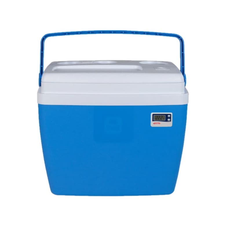 Caixa térmica 36 litros com termômetro digital azul e branco, ideal para transportes de vacinas