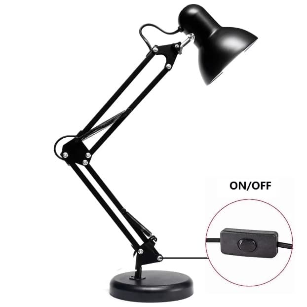 Luminária de mesa preta com base articulada e braço dobrável