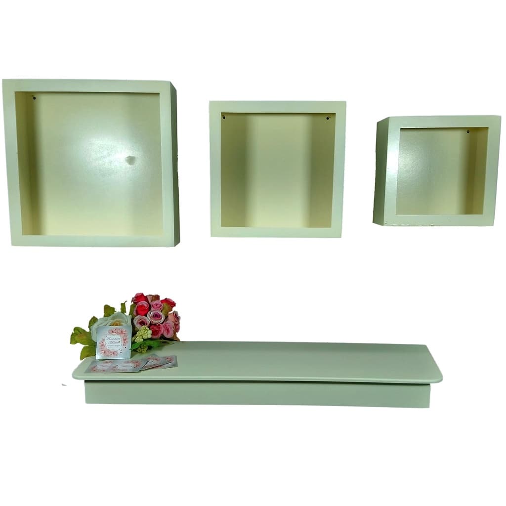 Kit Nichos Cubo + Prateleira com Varão MDF - Creme / Bege