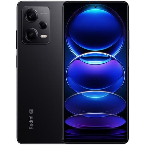 Imagem frontal do smartphone Xiaomi Redmi Note 12 Pro 5G com câmera quadrada e reflexos de luz azul e roxa na tela