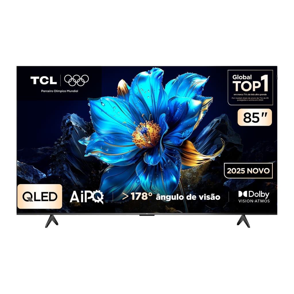 Smart TV TCL 85 Polegadas QLED 4K P7K com tela azul e branding