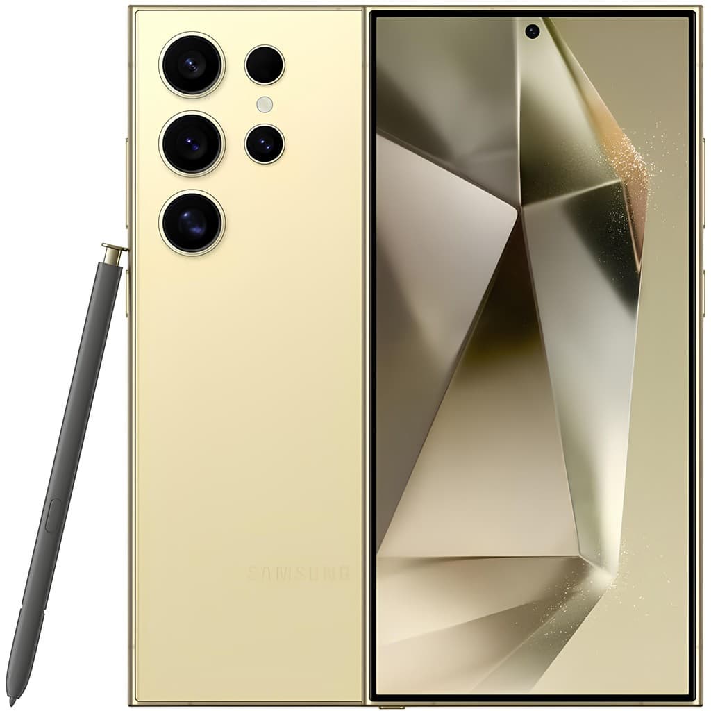 Samsung Galaxy S24 Ultra ouro com stylus - vista frontal e traseira
