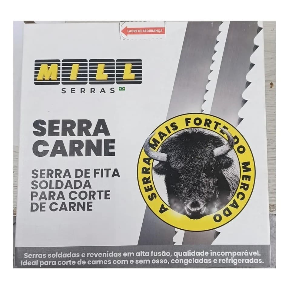 Serra de fita para carne da Mill, caixa com serra em destaque, fundo branco