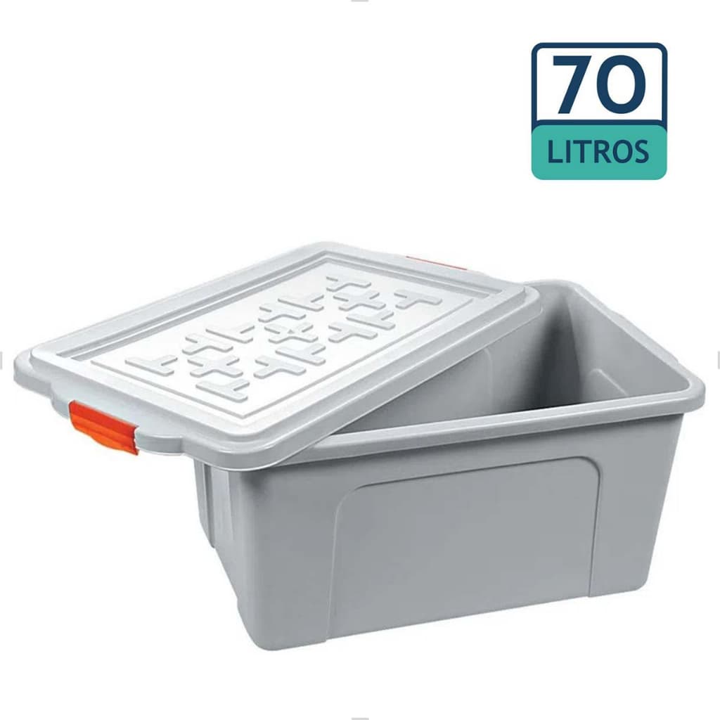 Caixa organizadora plástica branca 70 litros com tampa laranja