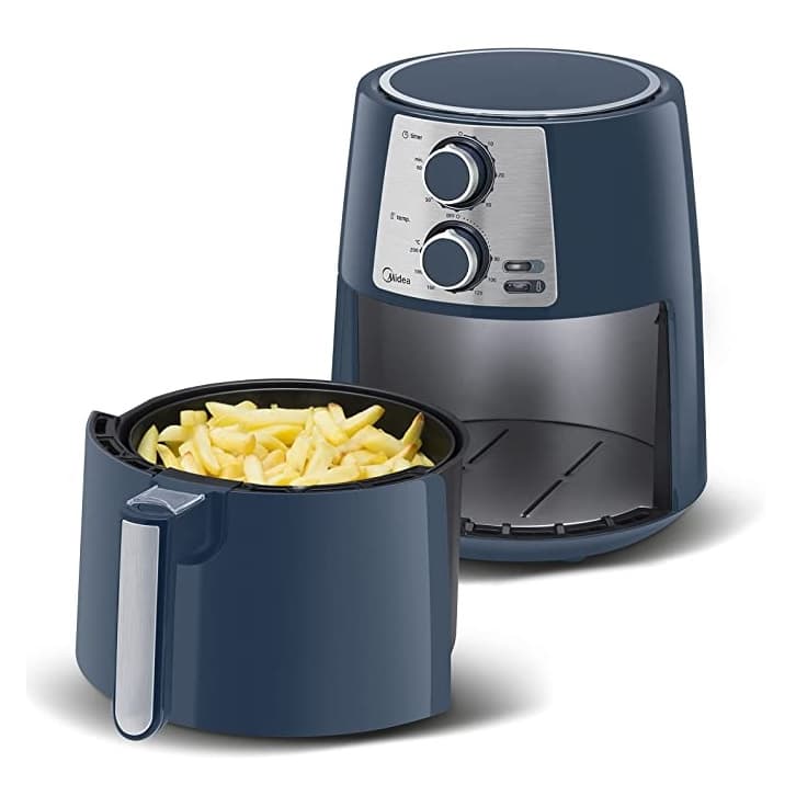 Fritadeira Air Fryer Sem Óleo Midea 3,5L azul escuro com cesta de batatas fritas