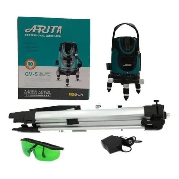 Kit de nível laser Arita GV-5 com 05 linhas verdes, tripé, óculos de proteção e adaptador de energia.
