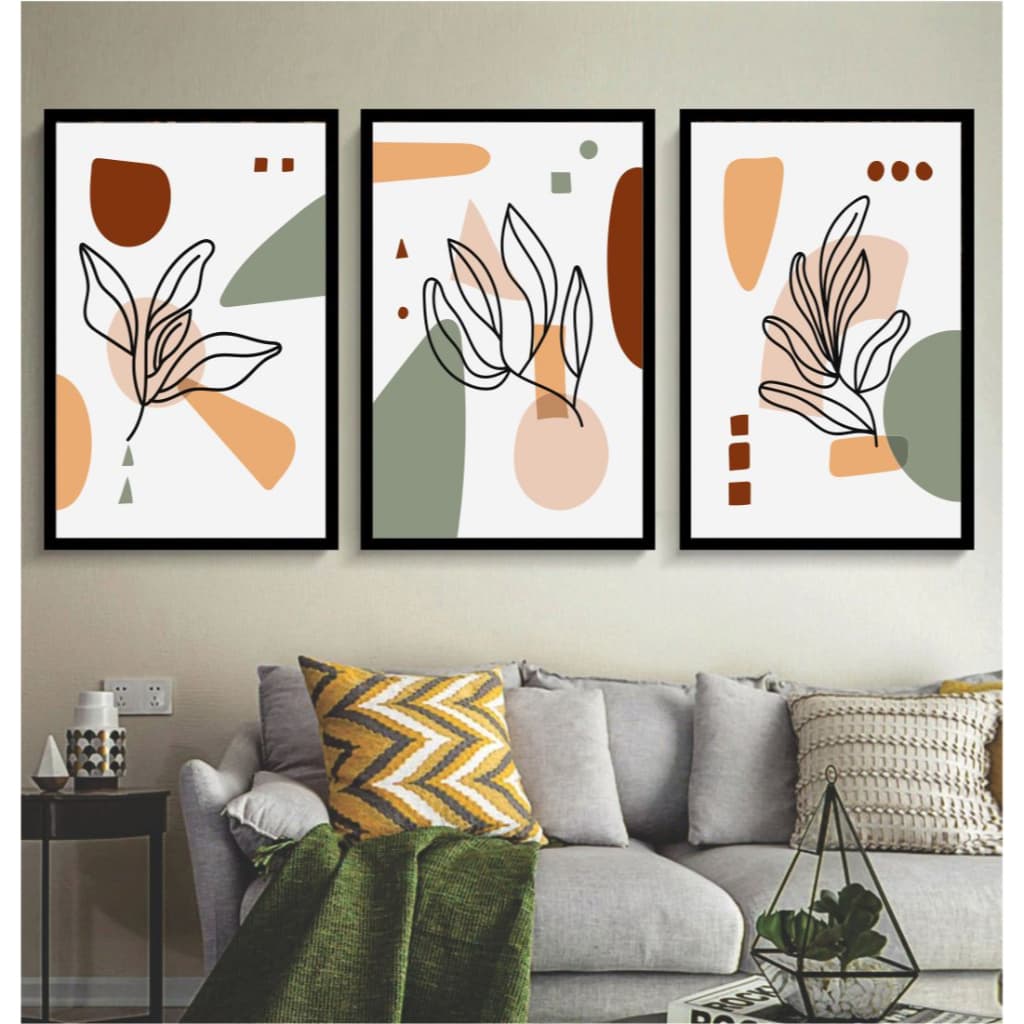 Kit de 3 quadros decorativos arte moderna minimalista com tons quentes e molduras pretas