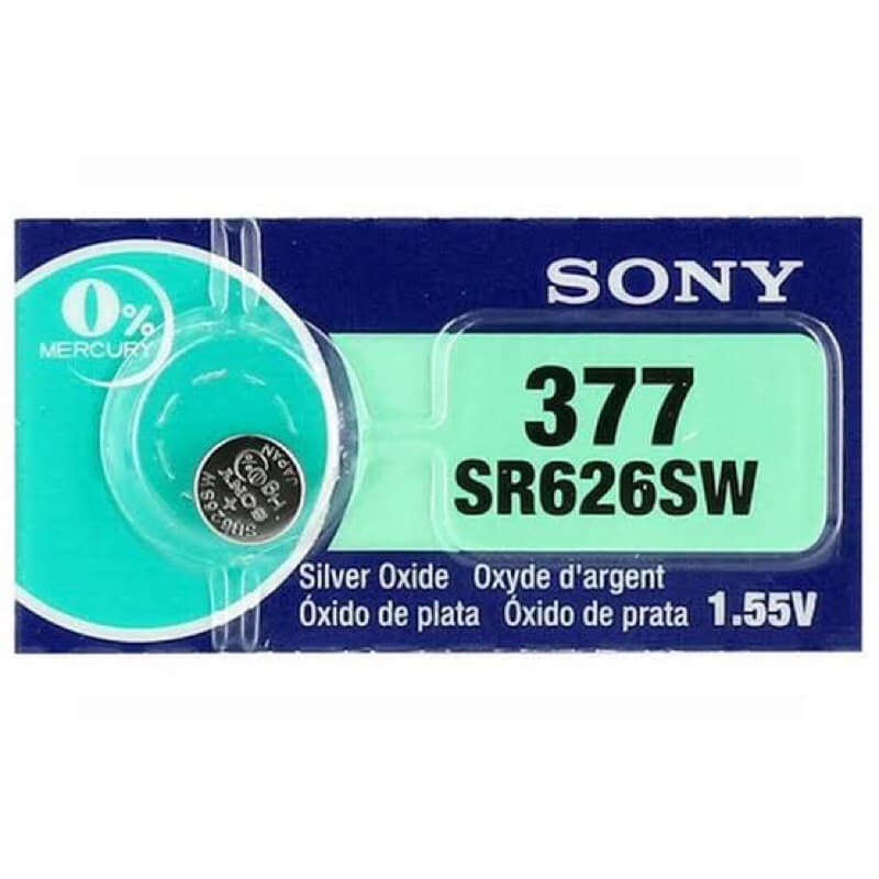 Pilha 377 SR626SW Sony, embalagem transparente, cinza prateada, 1.55V, Silver Oxide